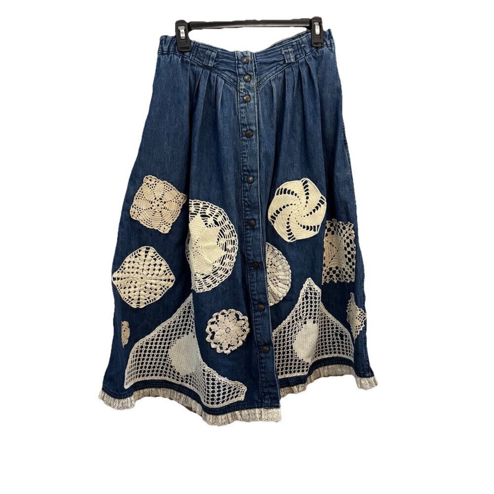 Vintage Denim cottage Pleated Midi/long Skirt Patch Work Appliques Women 8 Retro